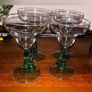 4 Vintage Mexican Margarita Glasses - Green Sombrero Stem - Artisan Glassware